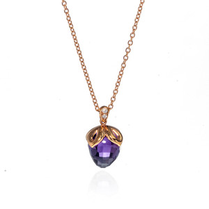 An image of a new Luca Carati women's pendant necklace with a rose gold chain shown at a straight-on angle and a medium distance. The pendant features a large, faceted purple amethyst gemstone, set in rose gold with small round cut diamonds encircling the top where the piece connects to the chain. The pendant dangles elegantly against a white background.