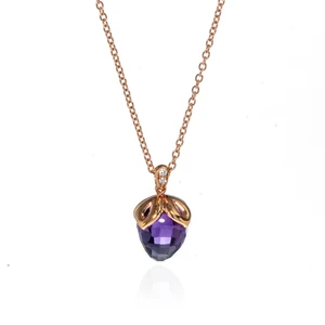 An image of a new Luca Carati women's pendant necklace with a rose gold chain shown at a straight-on angle and a medium distance. The pendant features a large, faceted purple amethyst gemstone, set in rose gold with small round cut diamonds encircling the top where the piece connects to the chain. The pendant dangles elegantly against a white background.