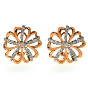 An image of a pair of new Luca Carati women's earrings with diamonds, showcased frontally at a close distance on a neutral background. The earrings are designed in a symmetrical flower shape with rose gold petals, and the diamonds are set in white gold along the crossing bands, highlighting the central diamond on each earring.