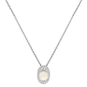 An image of a Rachel Koen women's pendant necklace with diamonds and pearl. The necklace features a central round gemstone surrounded by a halo of small round cut diamonds, showcased on a white gold chain. The pendant is centered and displayed at a frontal angle, providing a clear view of its design. The image is shot from a medium distance, allowing the entire length of the necklace to be visible against a neutral background.