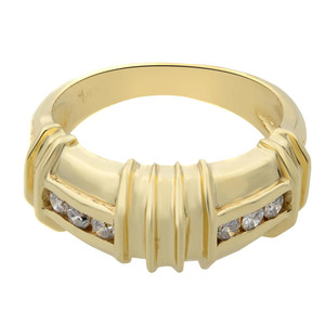 An image of a Rachel Koen women's ring with diamonds, displayed at a slight angle emphasizing the top and side view. The band is yellow gold with a smooth, reflective surface, and it features ridged details around the circumference. Inset within the ridges are multiple clear, sparkling diamonds arranged in a line, adding elegance to the design. The ring is centrally placed and occupies a middle-ground distance, against a white background for a clear view of its details.The ring is pre-owned in a great condition.