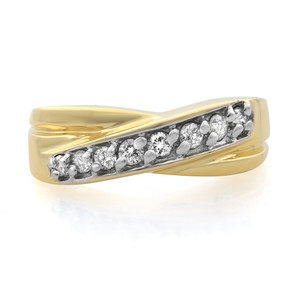 An image of a Rachel Koen women's ring with diamonds, showcasing a close-up, front-facing view against a white background. The ring features an elegant yellow gold band with a twist design, where one section is encrusted with multiple round-cut diamonds set in a channel setting, glistening under the light. The image is taken from a slightly elevated angle, focusing on the top and side of the ring to highlight the sparkle and detail of the diamonds.The ring is pre-owned in a great condition. 