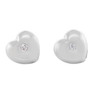 An image of a pair of Rachel Koen brand women's stud earrings with diamonds, displayed against a white background. The earrings are shaped like hearts and are oriented straight-on to the camera, ensuring a clear and unobstructed view. Each earring features a single, prominent diamond, centrally mounted and appearing to catch light, placed at about one-third from the top edge of the earring. The earrings are shown in close-up, providing a detailed view of their design and the reflective quality of the polished white gold surrounding the diamonds.
