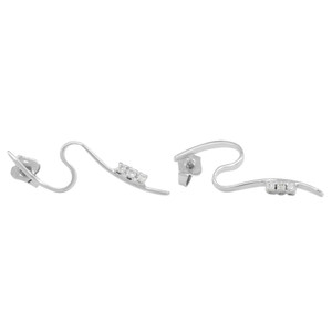 An image of a pair of Rachel Koen women's drop earrings with diamonds, displayed against a white background. The earrings are shown from a top-down view and positioned horizontally, parallel to each other with a slight gap in between. Each earring features a curved white gold form that starts with a thicker end set with a trio of diamonds, tapering to a delicate swirl towards the other end. The design suggests movement and elegance, and the diamonds are positioned to catch light from various angles, emphasizing their sparkle. The distance from the camera provides a clear and detailed view of the entire earring, highlighting the craftsmanship and the shiny finish of the white gold.
