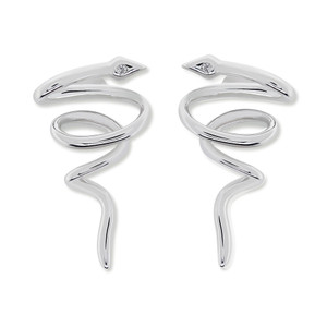 An image of a pair of Rachel Koen women's dangle earrings featuring an abstract, serpentine design in polished white gold with a single diamond set near the top of each earring. The earrings are shown from a frontal view against a white background, with the left earring slightly angled to show the curvature, and the right earring positioned straight to display the design's flow. Both are at an equal distance from the viewer, providing a clear view of the sparkle and intricate design.
