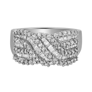 An image of a Rachel Koen brand ring for women, showcasing an intricate design with multiple diamonds. The ring is positioned centrally and viewed from a front angle, allowing a clear view of the diamond patterns which feature a combination of round and baguette-cut stones set in bands that crisscross over the ring's surface in white gold. The image is a close-up, providing a detailed look at the ring's craftsmanship and the sparkling facets of the diamonds.