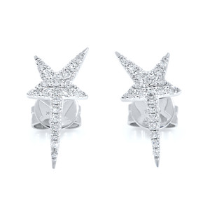 An image of a pair of Rachel Koen women's star stud earrings with diamonds, displayed front-facing and centered. The earrings are designed in the shape of stars with elongated points, fully encrusted with sparkling diamonds and set in a white gold metal. They are positioned symmetrically with a direct view, allowing for a clear visual of the intricate diamond setting. The photo is taken from a close distance, providing a detailed and unobstructed view of the earrings' design and diamond details.