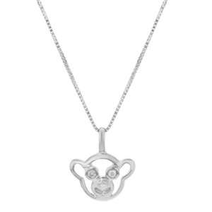 An image of a Bliss By Damiani women's pendant necklace with diamonds, displayed against a white background. The necklace features a delicate white gold chain positioned vertically, with a pendant centered at the bottom of the frame. The pendant is designed in the shape of a monkey face with diamond eyes and a diamond nose, adding a playful yet luxurious touch to the piece. The image is taken from a frontal angle and the pendant is in sharp focus, providing a clear view of its details, while the chain fades slightly into the background as it ascends towards the top of the frame. The distance from the camera gives a full view of the necklace, ensuring the entire piece is visible.