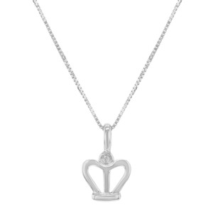 An image of a Bliss by Damiani pendant necklace designed for women, featuring a crown pendant. The necklace is captured at a front-facing angle against a white background, showcasing the pendant at the center. The pendant has a unique design resembling a crown with a studded round sparkling diamond. The white gold chain itself is composed of square-shaped links that glint with a silver sheen, suggesting a fine quality and craftsmanship. The image is taken from a medium distance, allowing for a clear view of the necklace's details while maintaining a focus on the pendant.