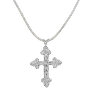 An image of a Rachel Koen brand necklace, featuring a diamond-studded cross pendant. The pendant is center-aligned and shown at a front-facing angle, providing a clear view of the intricate diamond details and the cross's design. The necklace is photographed up close on a neutral background, emphasizing the sparkle of the diamonds and the texture of the necklace chain.