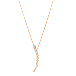 An image of a Rachel Koen brand women's crescent necklace with diamonds, displayed against a plain white background. The necklace features a delicate rose gold chain with a vertical pendant design. The pendant consists of multiple circular settings, each encrusted with sparkling diamonds, arranged in a slightly curved line that gives the impression of movement. The image is taken from a straight-on viewpoint with the necklace positioned centrally and the pendant hanging downwards, providing a clear view of the intricate details and the shimmering stones. The distance is such that the entire length of the necklace is visible, allowing for a full appreciation of its elegance and design.