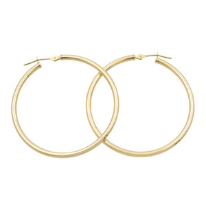 An image of a pair of Rachel Koen brand medium hoop earrings without stones. The earrings are shown in a front-facing view, positioned symmetrically side by side against a white background. Each earring forms a perfect circle with a thin, smooth, yellow gold band. The closure mechanism at the top of each hoop is visible, indicating a simple post and back design. The photograph is taken from a medium distance, allowing for a clear and detailed view of the entire earring design.