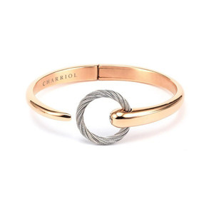 An image of a Charriol unisex adult bracelet without stones, displayed in a close frontal view. The bracelet features a sleek rose gold finish stainless steel bracelet with the brand name 'CHARRIOL' engraved on it. At its center is a distinctive cable twist design made of silver-toned metal, adding a contrasting detail. The bracelet is positioned horizontally across the frame, allowing a clear view of its design and craftsmanship.