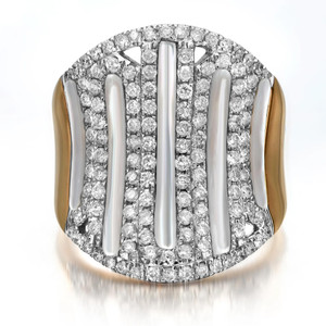 An image of a Rachel Koen women's round diamond and rainbow moonstone cocktail ring featuring a close-up, top-down view that showcases the intricate design. The ring displays a multitude of small, sparkling diamonds set in a dense pavé arrangement, creating a radiant surface. Four vertical, polished white gold bars traverse the diamond field, offering a sleek contrast. The band, visible on both sides, has a smooth, yellow gold finish that curves gently away from the main setting, hinting at the ring's circular shape. The image is taken from a slightly elevated angle to emphasize the ring's dimensions and the interplay of light on the gemstones.