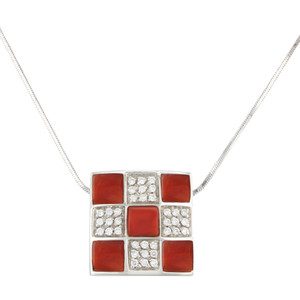 An image of a Lux Gioielli women's necklace featuring a geometric pendant with a pattern of diamonds and corals. The pendant, shown in a frontal view, is attached to a silver chain angled slightly to the sides, creating a V-shape. The pendant is centered and displayed at a close distance against a white background for a clear view of its design.