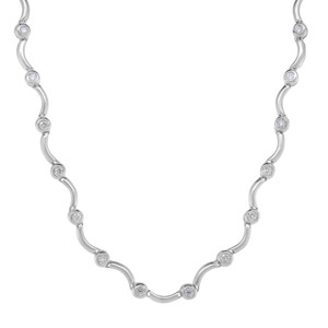 An image of a Rachel Koen brand link necklace designed for women, featuring a series of round-cut diamonds set in bezels evenly spaced along a delicate white gold chain. The necklace is displayed against a white background, with the chain creating a gentle wave-like pattern as it descends in the center, positioned head-on at a medium distance, allowing for a full view of the jewelry's design and the sparkling diamonds.