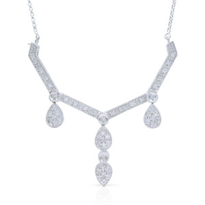 An image of a Rachel Koen diamond white gold necklace on a chain transformer for women, displayed front and center against a white background. The necklace features a delicate chain with a central V-shaped pendant adorned with small diamonds. From the pendant hang three teardrop-shaped elements, each encrusted with diamonds, with the central drop slightly larger and hanging lower than the others, creating a symmetrical and elegant design. The image is taken from a straight-on angle, providing a clear and detailed view of the necklace's intricate details.