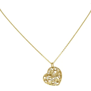 An image of a Hearts On Fire women's yellow gold necklace with diamonds, featuring a gold chain at a slight diagonal angle from the top left to the bottom right of the frame. The necklace showcases a heart-shaped pendant with an intricate lattice design, embedded with multiple sparkling diamonds, positioned centrally and viewed from a front perspective against a white background. The pendant hangs symmetrically in the middle of the chain, with a close-up view providing clear visibility of the details and craftsmanship.