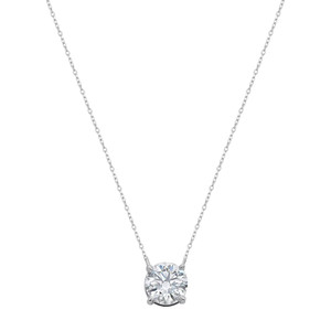 An image of a Rachel Koen brand unisex adult necklace with lab grown diamonds, showcasing a solitary, round-cut lab grown diamond pendant centrally placed in a close-up front view. The diamond is mounted in a prong setting and suspended on a delicate white gold chain with a visible clasp. The image is taken from a straight-on angle at a close distance, against a white background, emphasizing the sparkle and details of the diamond and the chain's link structure.