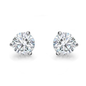 An image of a pair of Rachel Koen branded unisex adult earrings with lab grown diamonds. The earrings are displayed frontally at a close distance, showcasing their round brilliant-cut stones set in a three prong martini setting. The view is centered and straight-on, allowing clear visibility of the facets and the reflective qualities of the diamonds.