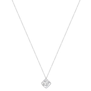 An image of a Hearts on Fre Brocade women's white gold necklace with diamonds, displayed against a white background. The necklace chain has a delicate, link design and is positioned in a V-shape with the focal pendant hanging at the center. The diamond pendant has a geometric, square shape with intricate metalwork and several diamonds set within, giving a sparkling appearance. The pendant is centered and shown from a front-facing angle, providing a clear view of its design. The image is taken from a medium distance to capture the entire length of the necklace while focusing on the pendant detail.