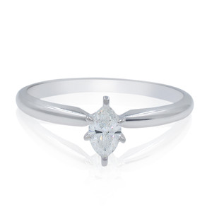 An image of a Rachel Koen women's engagement ring with diamonds, featuring a front-facing view with a clear focus on the ring. The band is made of polished white gold with a slender and smooth finish. Mounted at the center is a prominent, marquise-cut diamond, held in place by four prongs that create an elegant and secure setting. The diamond is positioned vertically in relation to the ring's band and is the focal point of the piece. The ring is shown against a white background, and the lighting highlights the diamond's facets, enhancing its sparkle. The image is taken from a medium distance, allowing for a detailed view of the ring while showcasing the overall design and the intricate details of the diamond setting.
