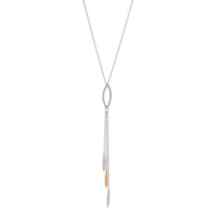 An image of a Rachel Koen women's necklace with diamonds, displayed against a white background. The necklace features a delicate white and yellow gold chain with a central pendant consisting of an elongated, diamond-encrusted loop from which multiple chains dangle, ending in slender, leaf-like elements. The view is front-facing and the necklace is centered, with the pendant positioned vertically. The image is a close-up, providing a clear view of the pendant's details and the diamond's sparkle.