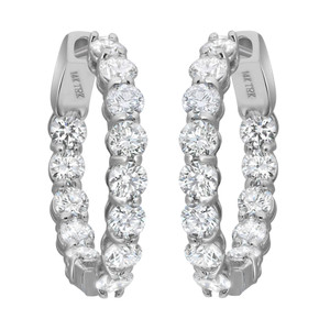 An image of a pair of Rachel Koen brand earrings designed for women, featuring multiple round-cut diamonds set inside out in a hoop style in white gold. The earrings are displayed in a close-up frontal view, occupying a central position against a white background. The hoops are aligned vertically, showcasing the brilliance and intricate settings of the diamonds from a head-on angle. The image is clear and provides a detailed view of the earrings' design and craftsmanship.