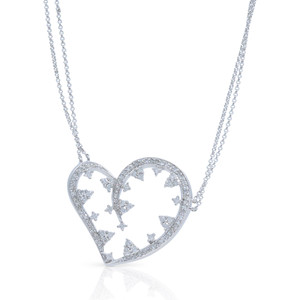 An image of a Rachel Koen women's necklace with diamonds, displayed against a white background. The necklace features a heart-shaped pendant, richly adorned with numerous small, sparkling diamonds set in a white gold metal, creating a delicate, intricate pattern within the heart. The pendant is shown in a straight-on view, hanging from a fine, elegant chain that loops to the upper corners of the frame, suggesting a gentle drape. The necklace is photographed from a medium distance, capturing the entire pendant and portions of the chain, providing a clear view of the design and the diamonds' brilliance.