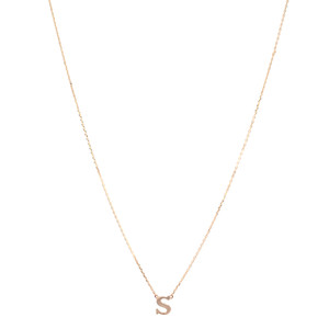 An image of a delicate Rachel Koen women's yellow gold necklace without stones, featuring a simple letter 'S' pendant. The necklace is displayed against a white background with the chain forming a slight 'V' shape due to its suspension from an unseen point above the frame. The pendant is centered and hangs naturally, with the chain leading away at gentle angles toward the upper left and right corners of the image, suggesting a symmetrical and balanced design. The distance from the viewer gives a clear view of the necklace's design and the chain's intricate links.