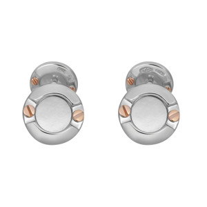 An image of Baraka men's cufflinks positioned side by side, viewed from above at a slight angle. The cufflinks are circular in white gold finish and feature small rose gold screw details on both edges. They are displayed against a plain white background, highlighting their sleek and modern design.