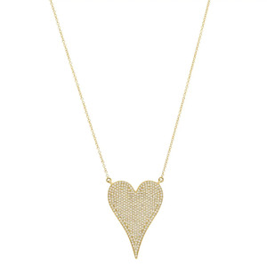 An image of a women's necklace by Rachel Koen, featuring a large heart-shaped pendant adorned with numerous small round cut diamonds. The necklace is positioned centrally in the frame, hanging evenly from a yellow gold chain. The angle is straight-on, providing a clear view of the pendant's intricate pave set diamond arrangement, from a medium distance against a plain white background.