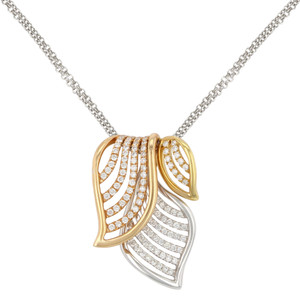 An image of a women's necklace by Rachel Koen featuring a pendant with three overlapping leaf shapes. The pendant is adorned with dazzling round cut diamonds and crafted in both rose and white gold tones. The necklace is positioned centrally in the image, captured from a front-facing angle at a close distance to highlight the intricate details and sparkling diamonds.