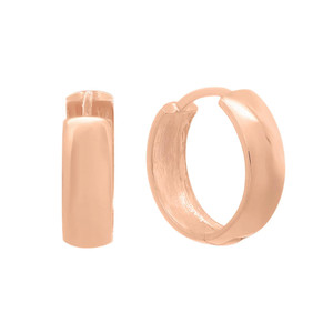 An image of a pair of women's 14k rose gold small wide hinged huggie hoop 12mm earrings by Rachel Koen, designed without stones. The earrings are positioned side by side, viewed at a slight angle from above and centered in the frame. The smooth, polished surface of the metal is clearly visible, showcasing their simple, elegant design. The photo is taken at a close distance to highlight the details and craftsmanship.
