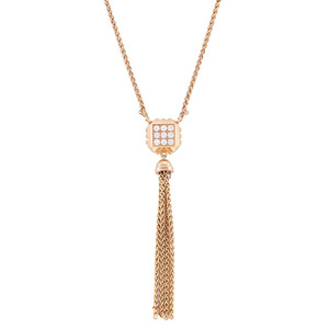 An image of a Louis Vuitton necklace for women featuring a 18k rose gold chain with 9 pave set round cut with diamonds. The necklace is centrally positioned and captured from a straight-on angle, highlighting the intricate details of the pendant and the cascading tassel below it. The photo is taken at a close distance, emphasizing the elegance and craftsmanship of the piece. Excellent pre-owned condition. 