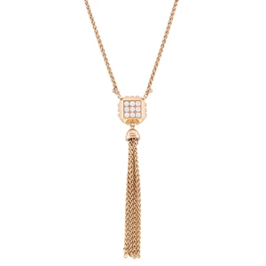 An image of a Louis Vuitton necklace for women featuring a 18k rose gold chain with 9 pave set round cut with diamonds. The necklace is centrally positioned and captured from a straight-on angle, highlighting the intricate details of the pendant and the cascading tassel below it. The photo is taken at a close distance, emphasizing the elegance and craftsmanship of the piece. Excellent pre-owned condition. 