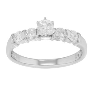An image of Rachel Koen engagement ring with diamonds, positioned upright and captured from a slightly elevated angle. The ring is centered in the frame, showcasing its elegant design with a prominent central diamond flanked by smaller diamonds along the 14k white gold band. The image is taken at a close distance, highlighting the intricate details and sparkle of the stones.