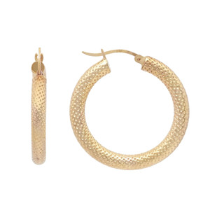 An image of a women's textured round hollow hoop earring without stones by Rachel Koen. The earring is 14k yellow gold-toned with a textured, patterned surface. It is shown from two angles: one earring is positioned vertically from a side view on the left, while the other is displayed horizontally from a front view on the right. Both are photographed against a plain white background, highlighting the intricate details from a close distance. Excellent pre-owned condition. 