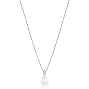 An image of an Estate women's necklace featuring a delicate chain with a central pearl pendant accented by diamonds. The necklace is displayed vertically and centered in the frame against a white background. The angle is straight-on, capturing the full length of the chain and the pendant at a close distance, highlighting the intricate details of the design. Excellent pre owned condition. 