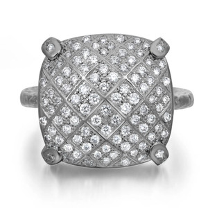 An image of a women's Bottega Veneta ring featuring a square-shaped head encrusted with numerous small diamonds. The ring is shown from a front-facing angle, positioned centrally, and captured at a close distance, highlighting the intricate detailing and sparkle of the diamonds.