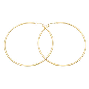 An image of a pair of large, round hoop yellow gold earrings without stones from Rachel Koen. The earrings are positioned side by side, slightly overlapping, and are displayed at a straight-on angle. The image is taken from a close distance, showcasing the smooth, polished gold finish of the hoops against a white background.