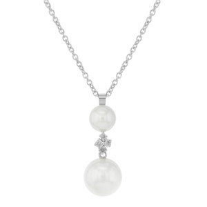 An image of a women's necklace from the brand Bliss by Damiani, featuring an elegant design with diamonds and pearls. The necklace is shown from a straight-on angle at a close distance, highlighting its intricate details. The design includes two pearls, one smaller above and one larger below, connected by a cluster of sparkling diamonds. The chain is visible, adding to the overall delicate and luxurious appearance.