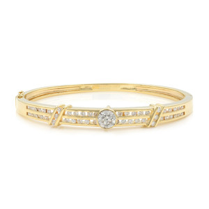 An image of a women's yellow gold bangle bracelet by Rachel Koen, showcasing a gold band adorned with a central circular diamond. The bracelet features two parallel rows of smaller diamonds, with decorative yellow gold accents. Photographed from a front-facing angle at a close distance, highlighting the intricate design and sparkle of the diamonds.Excellent pre-owned condition. 