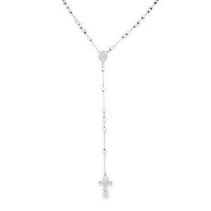 An image of a Rachel Koen unisex adult 14k white gold necklace without stones, viewed from a straight-on angle. The necklace is centered in the frame, showcasing its beaded chain with a detailed cross pendant at the end. The photograph captures the necklace at a close distance, highlighting the intricate design of the beads and the pendant. Excellent pre-owned condition. 