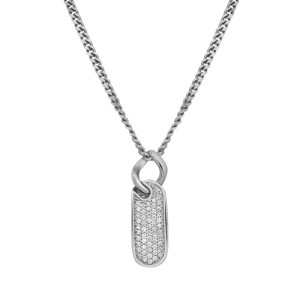 An image of a Salvini unisex adult necklace with diamonds, featuring a rectangular pendant encrusted with small diamonds in white gold. The necklace is displayed from a front angle, centered in the frame, and viewed from a close distance, showcasing the intricate detailing of the pendant and the chain links.