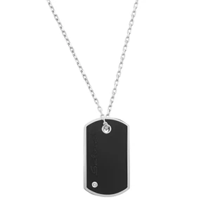 An image of a unisex adult necklace from Salvini featuring a sleek pendant with a diamond accent in white gold. The pendant is rectangular with rounded edges, displaying a black surface inscribed with the brand's name. A small diamond is set near the bottom. The necklace is shown from a straight-on angle, with the chain extending upward, and the image is taken from a close distance to highlight the pendant's details.