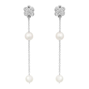 An image of Damiani earrings designed for women, featuring a close-up front view. The earrings showcase a delicate chain adorned with diamonds and pearls, with two pearls evenly spaced along the length in white gold. The diamond-studded top is shaped like a floral motif, and the overall composition is centered in the frame, highlighting the elegance and craftsmanship.