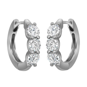 An image of a pair of women's earrings by Rachel Koen, featuring a close-up view. The earrings are huggie style with three round lab grown diamonds set vertically in white gold. The angle is straight-on, showcasing the front and slight inner side of the hoops, with the diamonds prominently displayed. The background is plain white, emphasizing the elegance and sparkle of the diamonds.