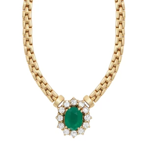 An image of a women's necklace by Rachel Koen, featuring a central oval green emerald gemstone encircled by sparkling round cut diamonds. The necklace is made of yellow gold links, elegantly positioned in the center of the image, captured from a straight-on angle at a close distance, highlighting its intricate design and luxurious materials. Excellent preowned condition.