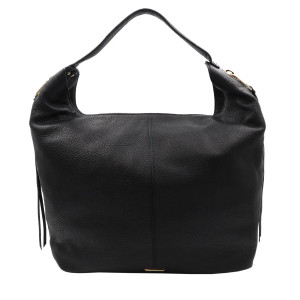 An image of a Rebecca Minkoff Bryn Double-Zip Ladies Hobo Handbag in black grained leather, positioned upright for a front view at eye level. This handbag, centered in the frame, showcases its textured surface and gold-tone hardware at the base. The handle is visible, arching smoothly over the bag, and the image is captured at a close range for detailed visibility. It features a magnetic open top, one interior zip pocket, two slip pockets, and an interior fabric lining. The exterior includes zip pockets. This handbag is unworn item and might have a few scratches due to storage and handling. The original box and dust bag are not included.                                                                                                            